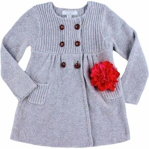 NWT Richie House Girls 5/6 Knitted Coat Gray Red Flower Accessory Pockets Button